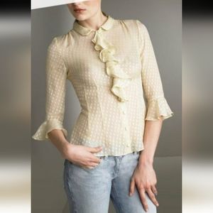 Milly New York Sheer Silk Polka-dot Button Up Blouse Shirt Top Cream sz 6 Ruffle